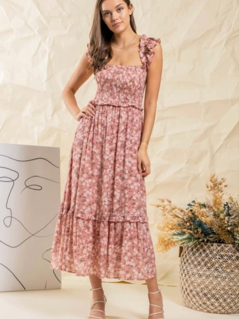 D55-Smocked Ditsy Floral Dress